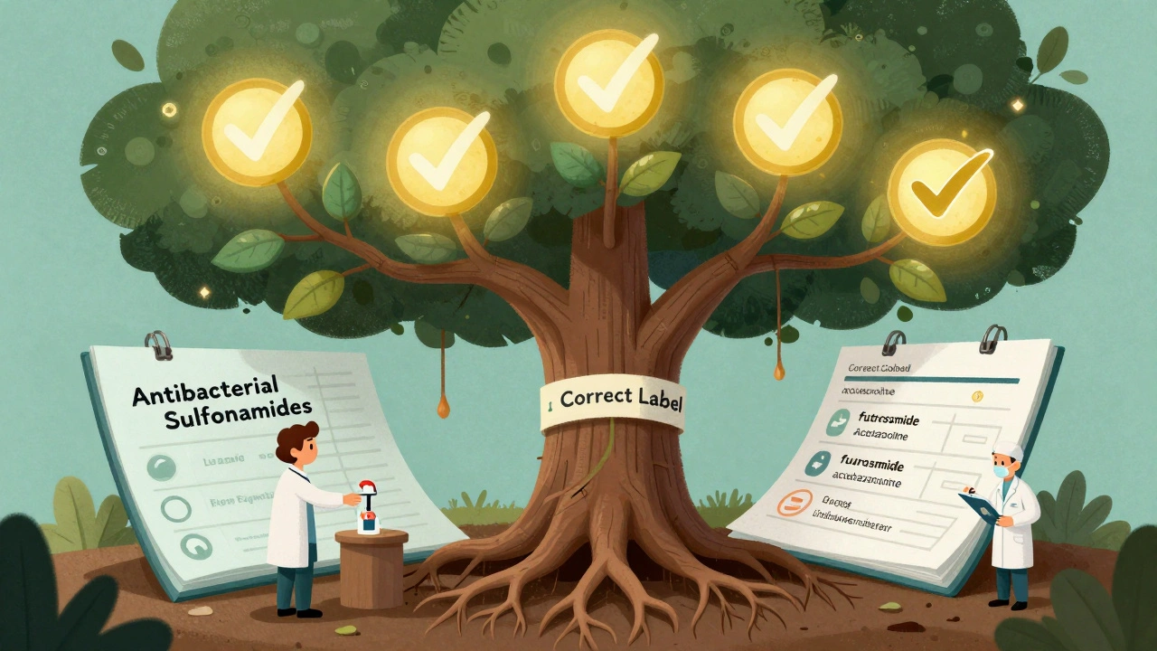 医療記録が木に変わり、安全な非抗菌性薬が金色の葉となって成長する超現実的イメージ。