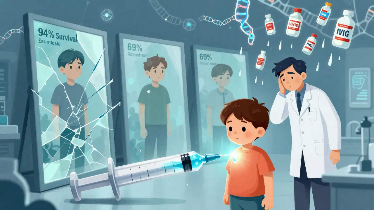 早期診断と遅延診断の違いを鏡に映し、遺伝子とAIが空に浮かぶ超現実的な医療シーン。