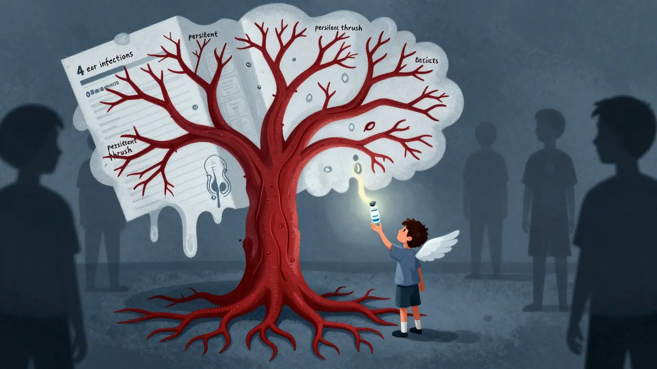 症状が木の枝に現れ、ワクチンが翼を広げる夢幻的な医療の象徴的風景。