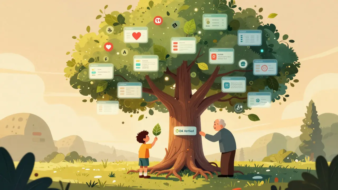 2026年のダイリーメッドが生きる木になり、リアルタイムの副作用データが葉として浮かぶ様子。