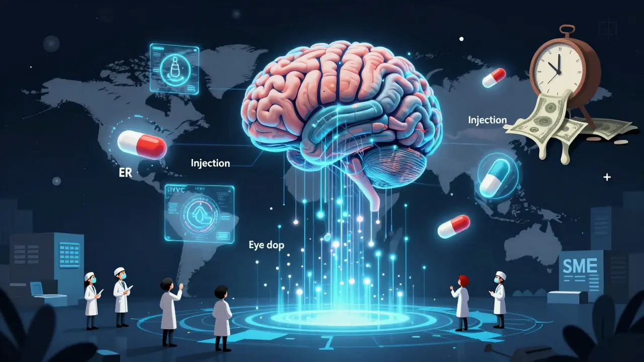 AIがIVIVCモデルを分析し、薬剤タイプごとに予測する未来の科学的ビジョン。