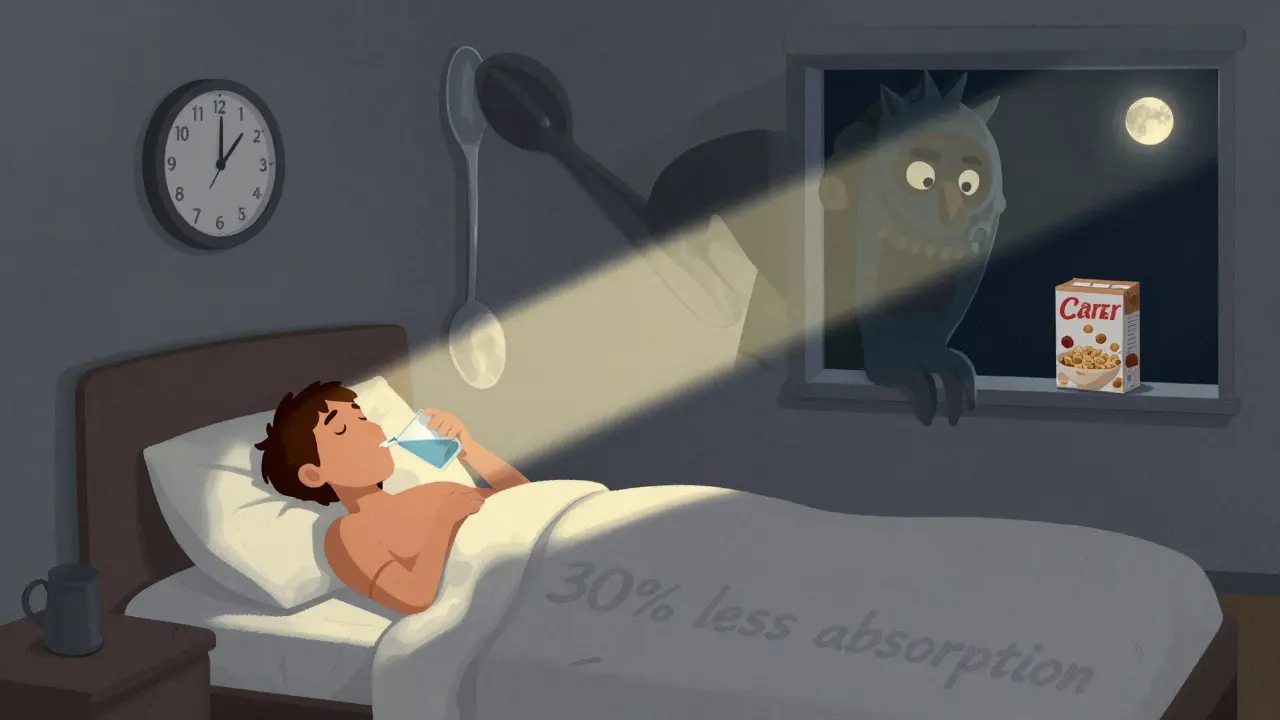 朝の空腹時に薬を飲む人物と、その背後に広がる鉄分食品の影。