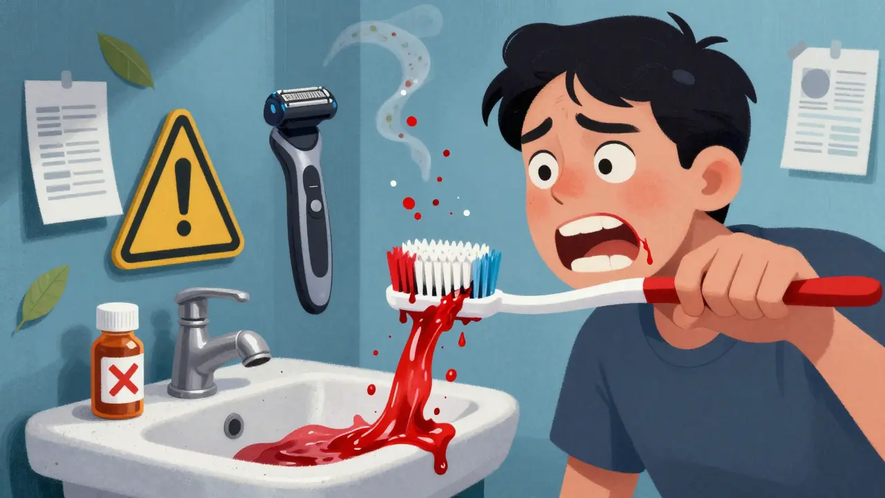 歯ブラシで歯茎から出血し、薬やカミソリが禁止マーク付きで浮かぶ情景。
