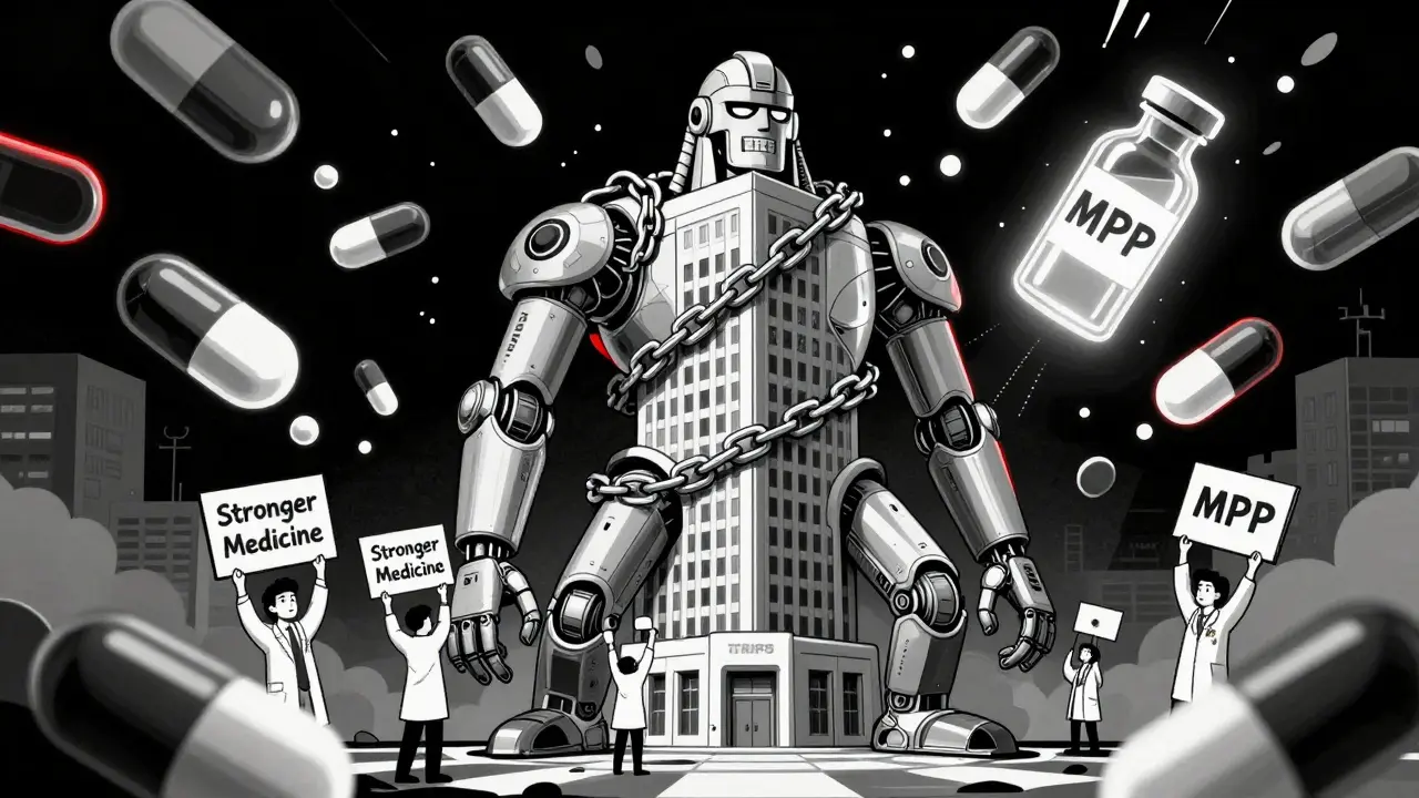 抽象的超現実主義のイラスト：TRIPSの鎖に縛られた製薬企業の機械の神と、インドとタイの研究者たちが登攀する様子。