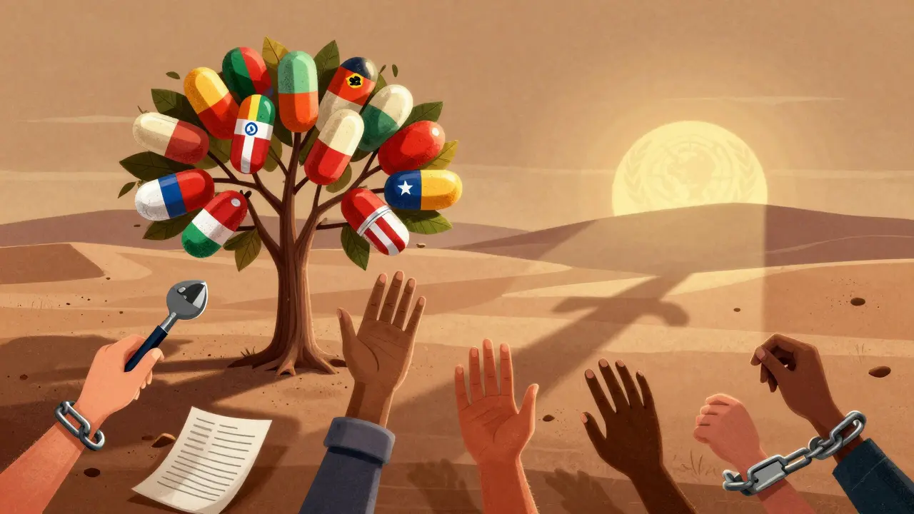 抽象的超現実主義のイラスト：薬の実がなる一本の木と、手を伸ばす世界各地の手が描かれ、WTOの太陽が影を落としている。