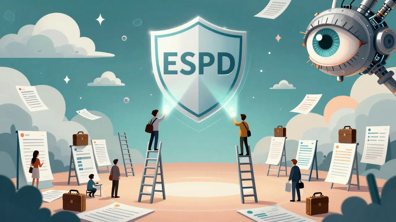 デジタル文書の階段を登る小さな製薬会社と浮かぶESPDバッジ