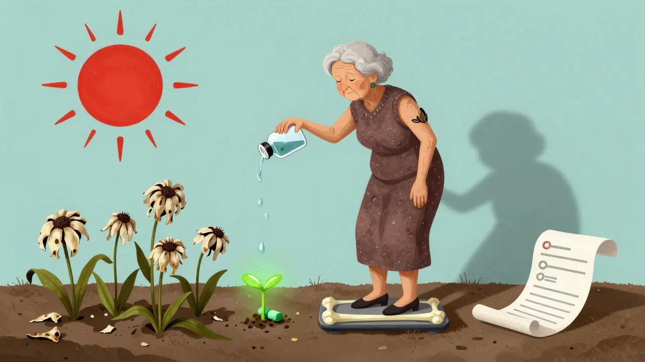 高齢女性がPPIの瓶に変化し、骨の秤の上に立つ surreal なイメージ。