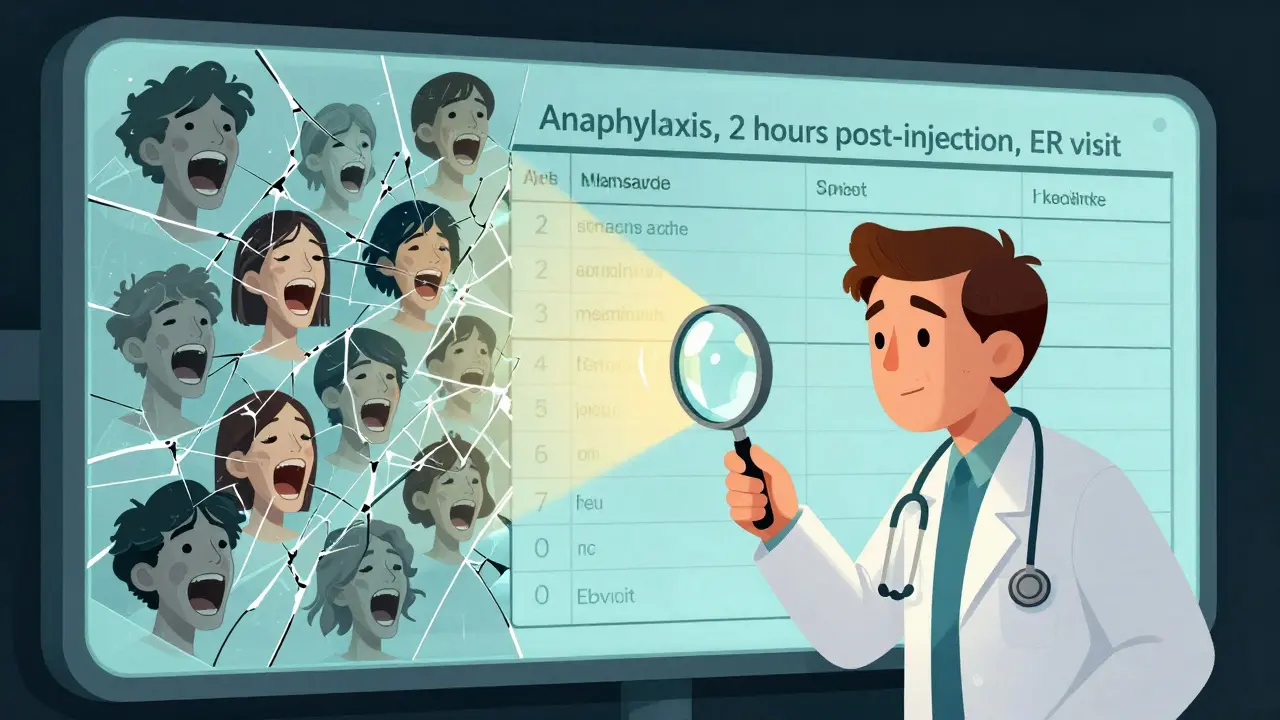 割れた電子カルテ画面から叫ぶ顔が溢れ、一人の医師が真実の記録を照らしている様子。
