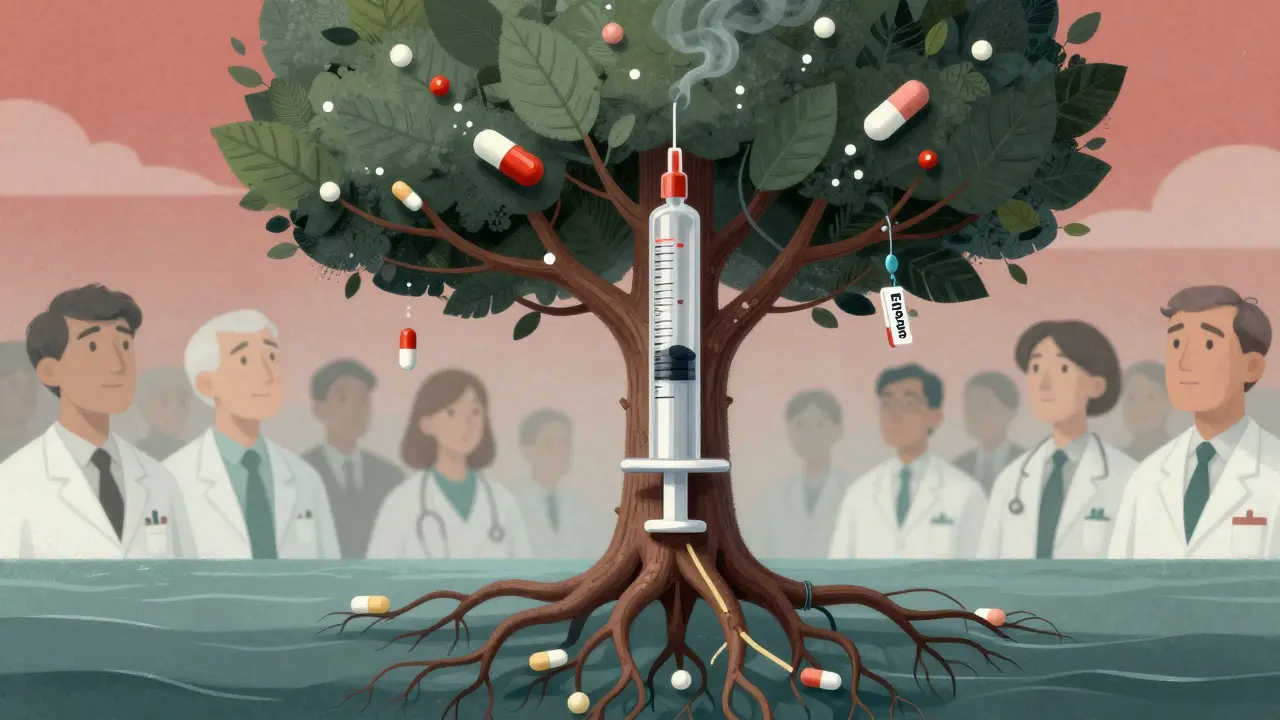 供給チェーンが根となった薬の木、一つの枝が折れている様子