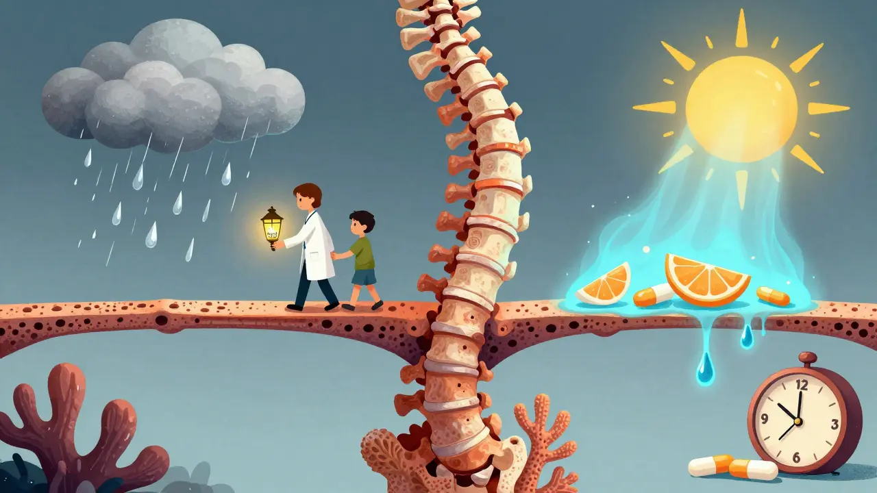 骨でできた橋を医師と患者が渡り、クエン酸カルシウムとビタミンDが光る風景。