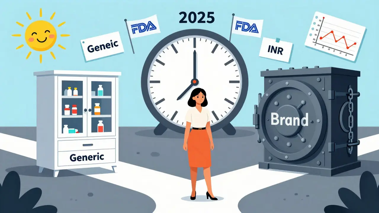 ジェネリック薬の選択肢とブランド薬の高価さを対比する幻想的な十字路の風景。
