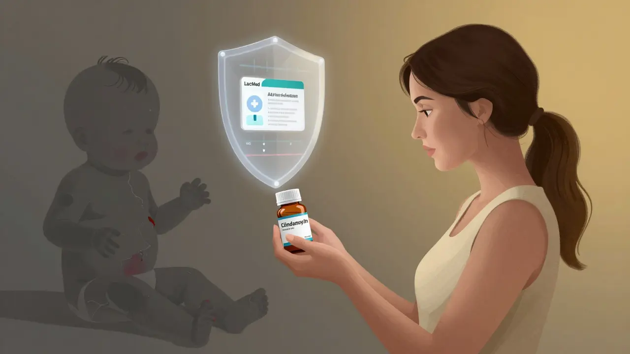 クラインダマイシンの薬瓶を手に、赤ちゃんのリスクを示す影と医療ガイドが共存する抽象的構図。