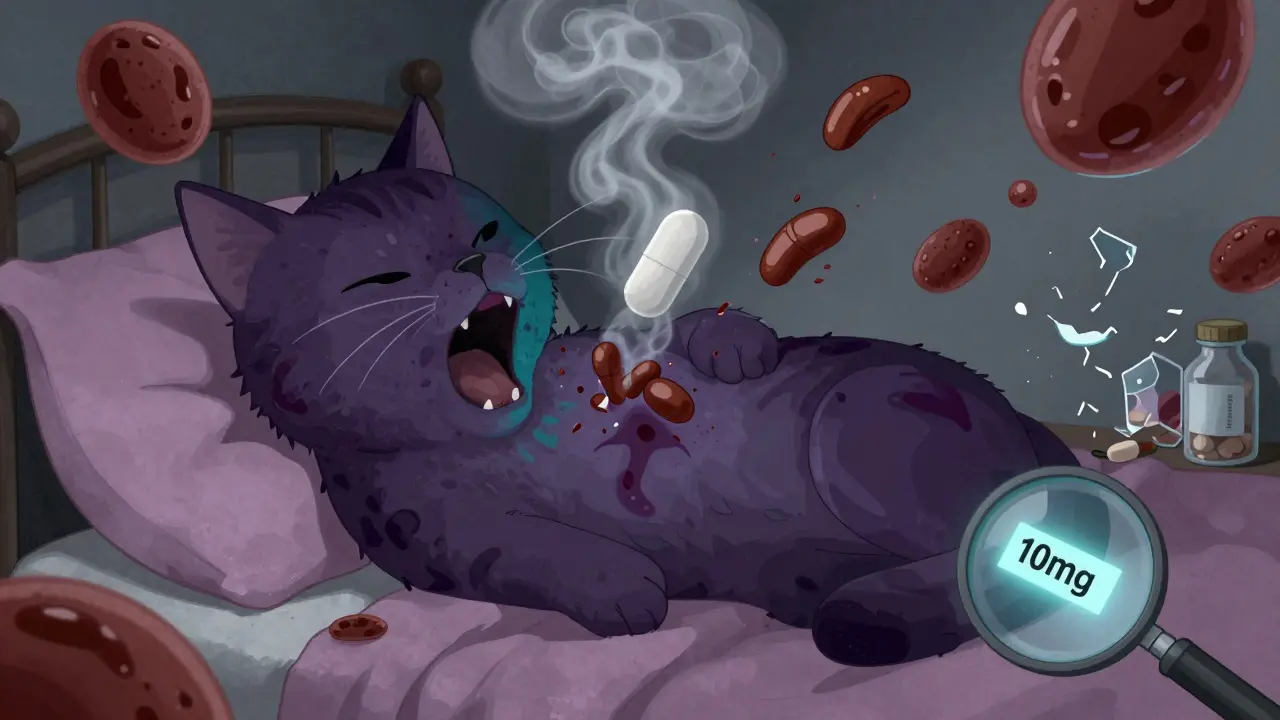 猫がアセトアミノフェンを摂取し、歯茎が紫色に変色。肝臓が煙のように崩れ、赤血球が褐色に変化している。