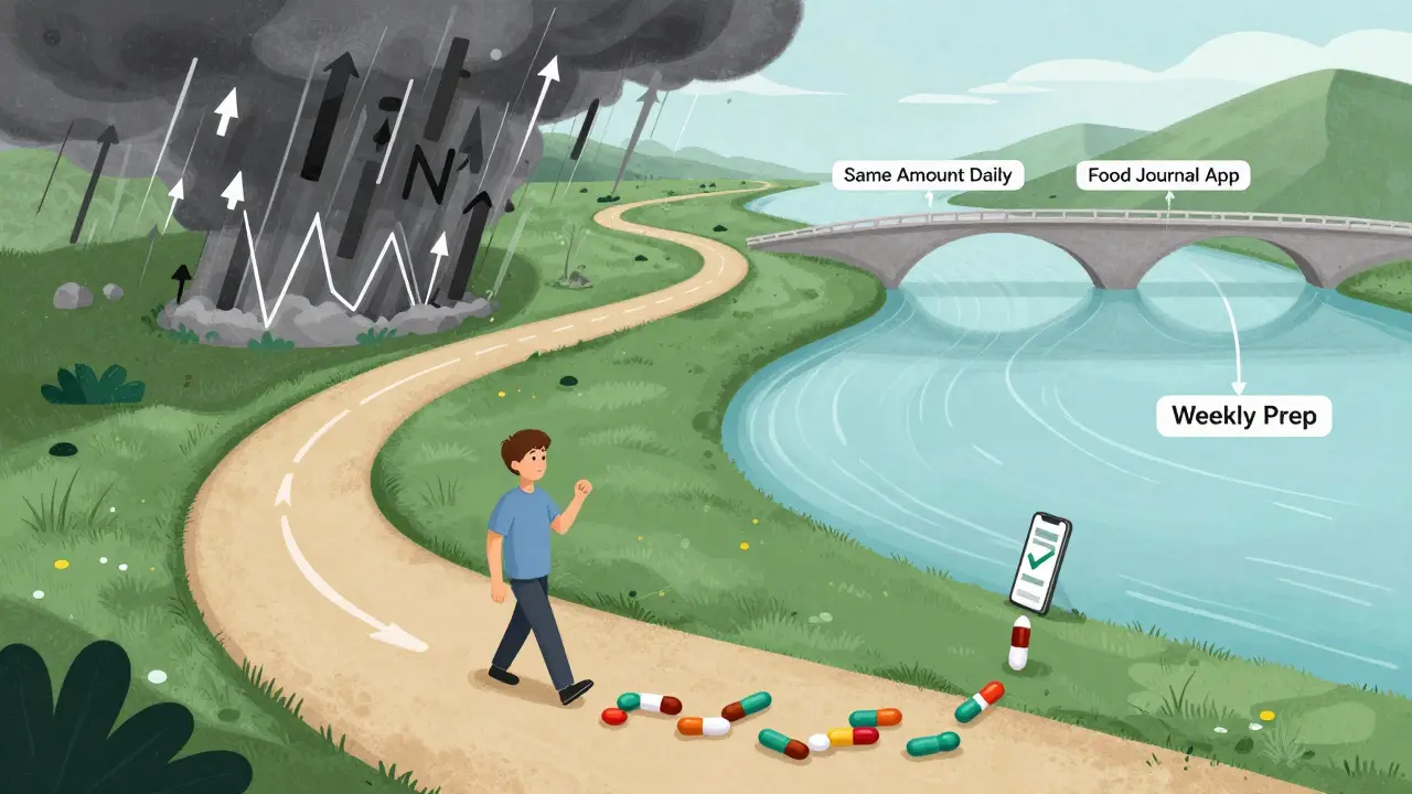 毎日の食事の一貫性を象徴する静かな道と、INR値の安定を示すスマートフォンの風景。