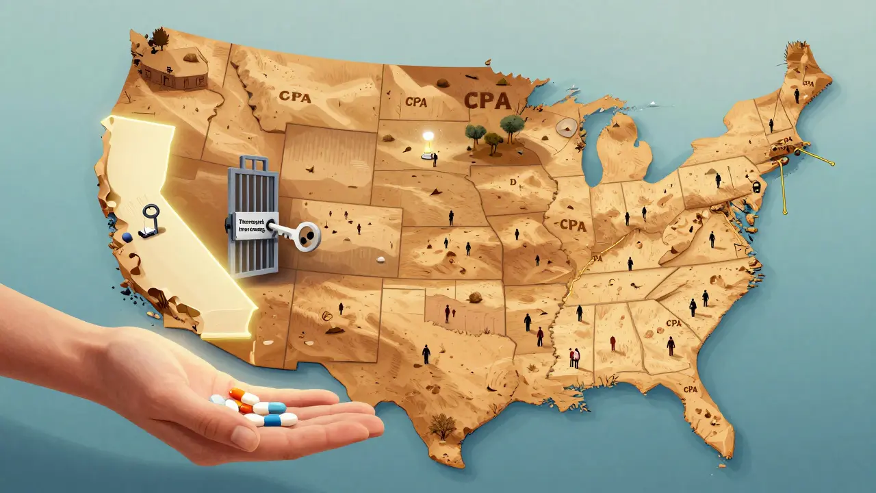 米国の州ごとに異なる薬剤師の処方権を象徴する surreal マップ。