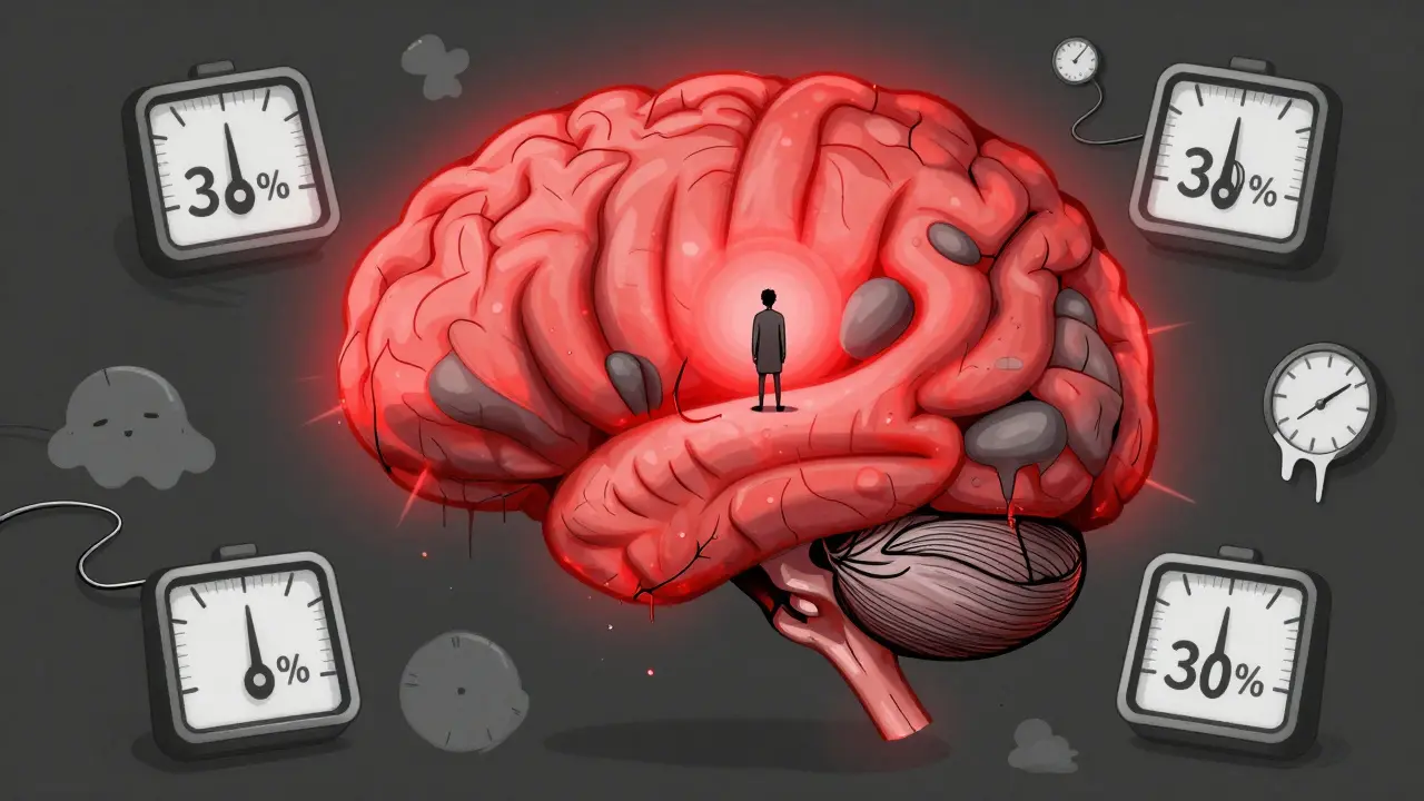 脳内の痛み処理領域が過剰に活性化し、抑制機能が弱まる様子を抽象的に表現したイラスト。