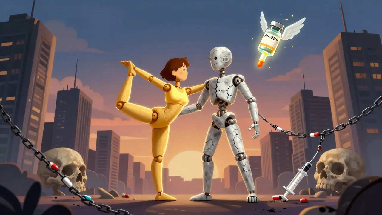 片側は健康で柔軟、もう片側は硬く壊れた関節を持つ人間の姿。薬と生物製剤が浮かぶ幻想的な風景。