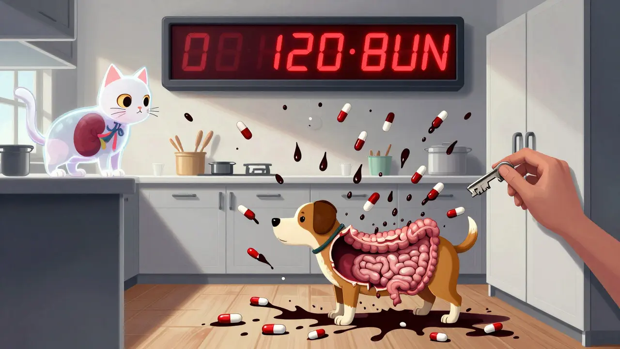犬がNSAIDsを摂取し、胃腸がタールのように黒く溶け、腎臓が機能不全に。薬の雨とBUN値の警告時計が背景に浮かぶ。