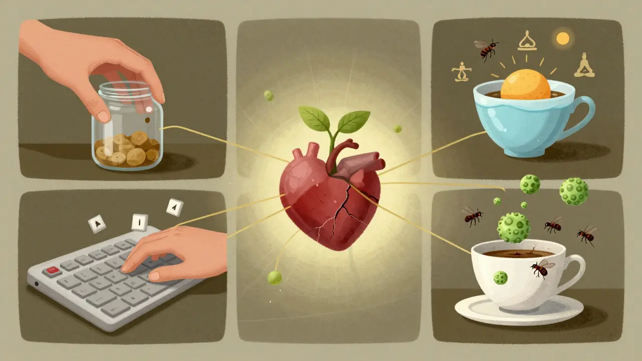 日常の小さな動作が困難になる様子を断片的に描き、関節から育つ小さな植物が希望を象徴する抽象的イラスト。