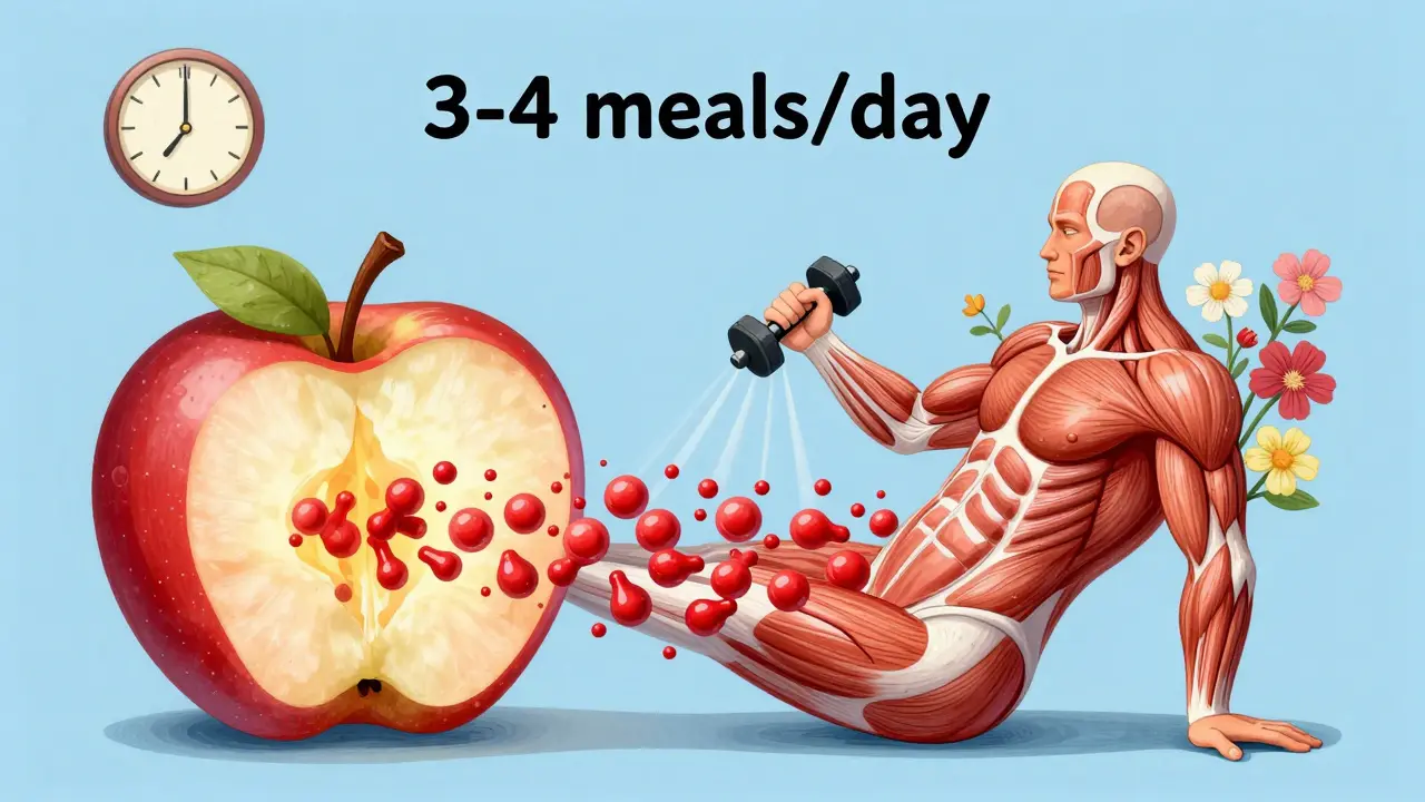 リンゴ型の体から脂肪が筋肉の力で花へと変化し、食事のタイミングが空に浮かぶ抽象的イラスト。