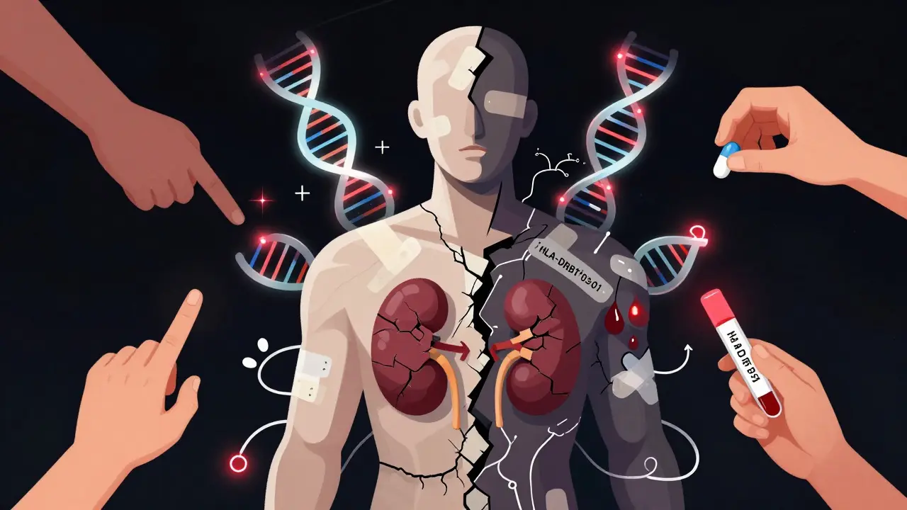 腎臓が割れ、DNAとAIの回路が絡み合う人物の象徴的イメージ。