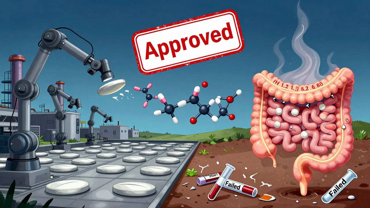 生体関連溶解試験と失敗した試験を対比する、消化管と工場を描いた超現実的な風景。