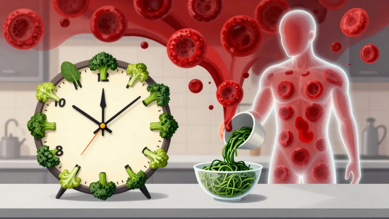 時計が野菜ででき、半カップのゆでたホウレンソウを正確に注いでいるキッチンの情景。