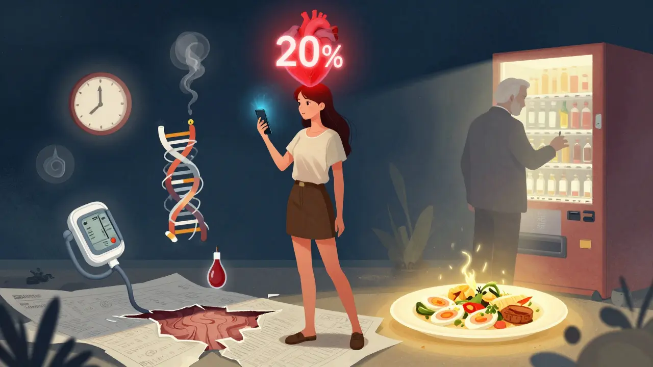 スマートフォンで心臓病リスクを確認する女性。周囲には年齢、遺伝、食事の象徴が浮かび、影の祖父が消えていく。