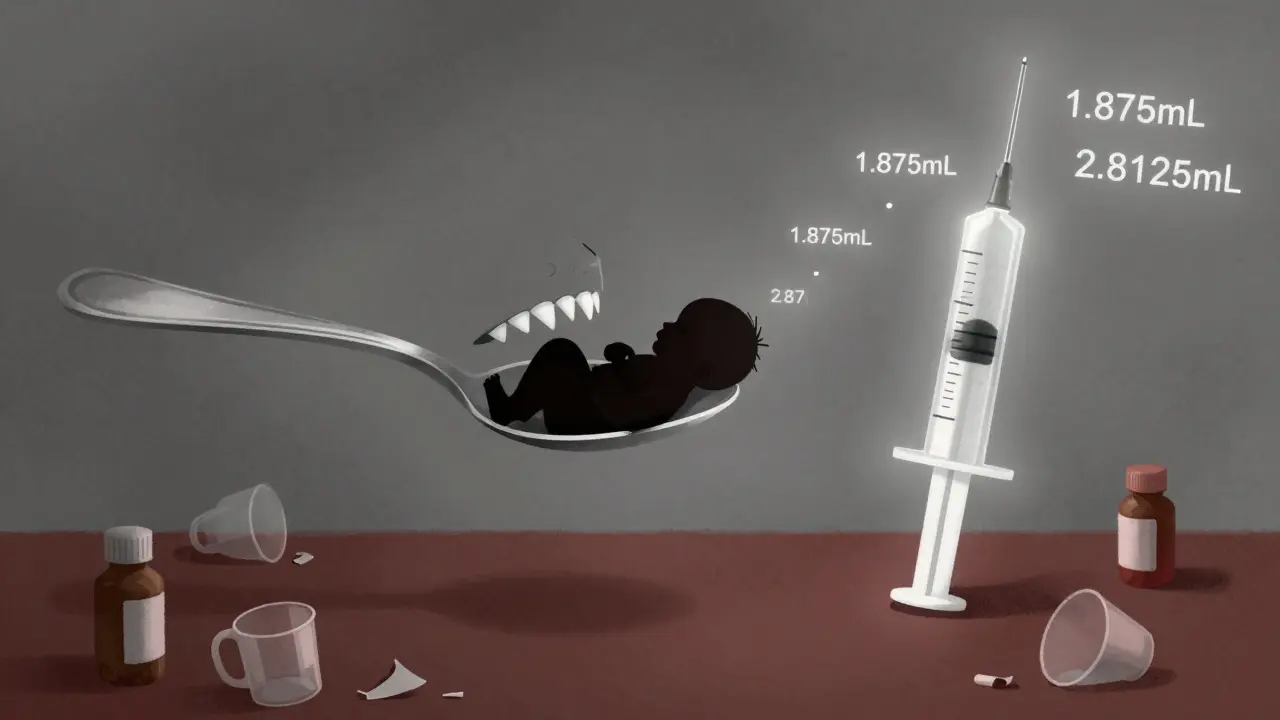 スプーンが怪物のように赤ちゃんを飲み込もうとしている一方、シリンジが安全を守る剣のように立つ。