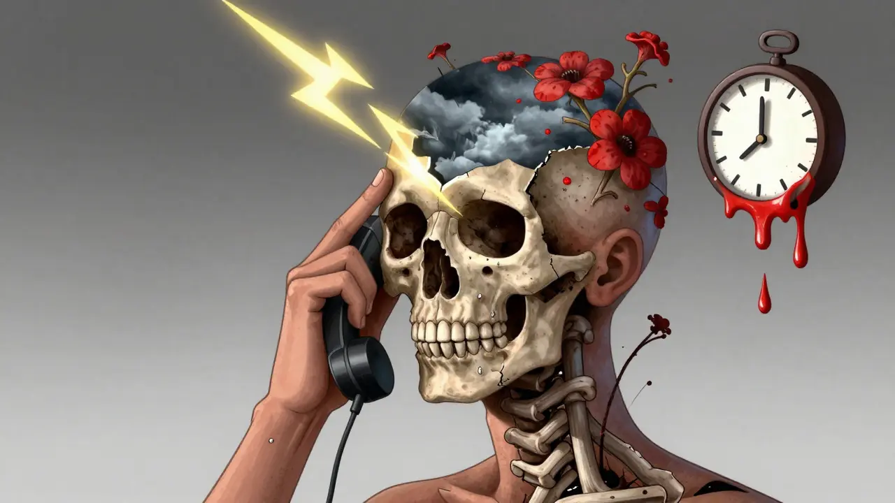 頭蓋骨の内側に嵐が広がり、発疹や発熱が象徴的に描かれた surreal な構図。