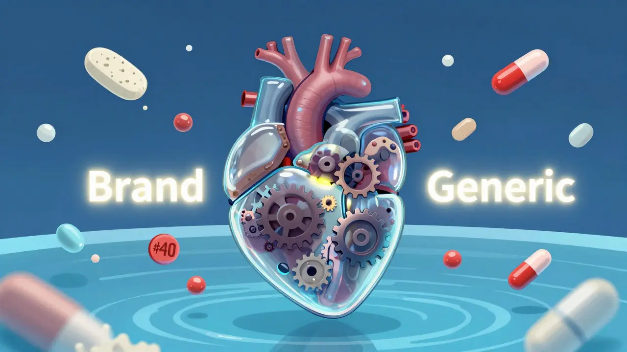 透明な心臓の中にジェネリックとブランドの薬効が同じリズムで動いている様子。