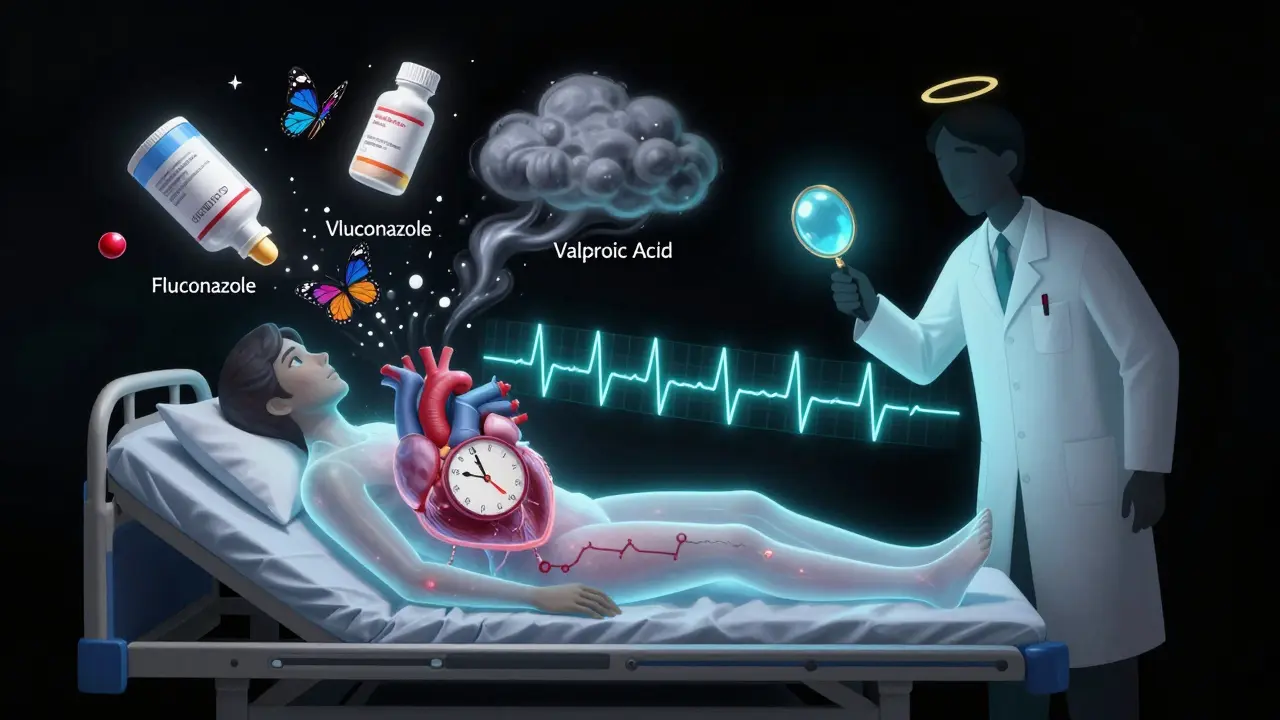 透き通る体の患者の心臓に時計のようなQT延長が現れ、薬の瓶が抽象的な形で爆発している様子。