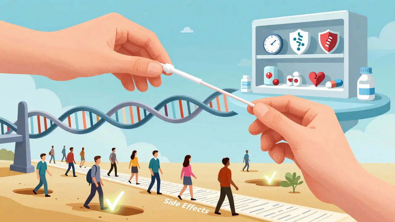 唾液検査の綿棒が遺伝子の橋になり、未来の薬局とつながる surreal な構図