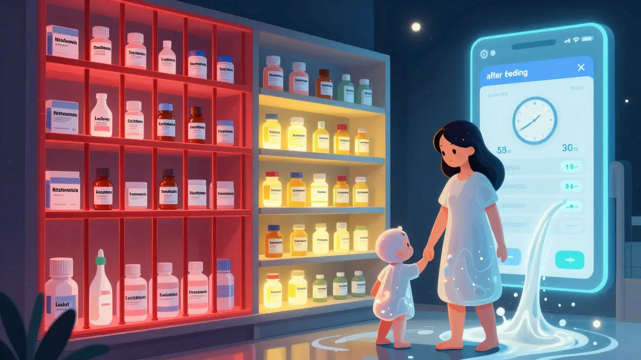 危険な薬は閉じられた棚に、安全な薬は開かれた棚に並ぶ幻想的な薬局とLactMedアプリの光の世界。