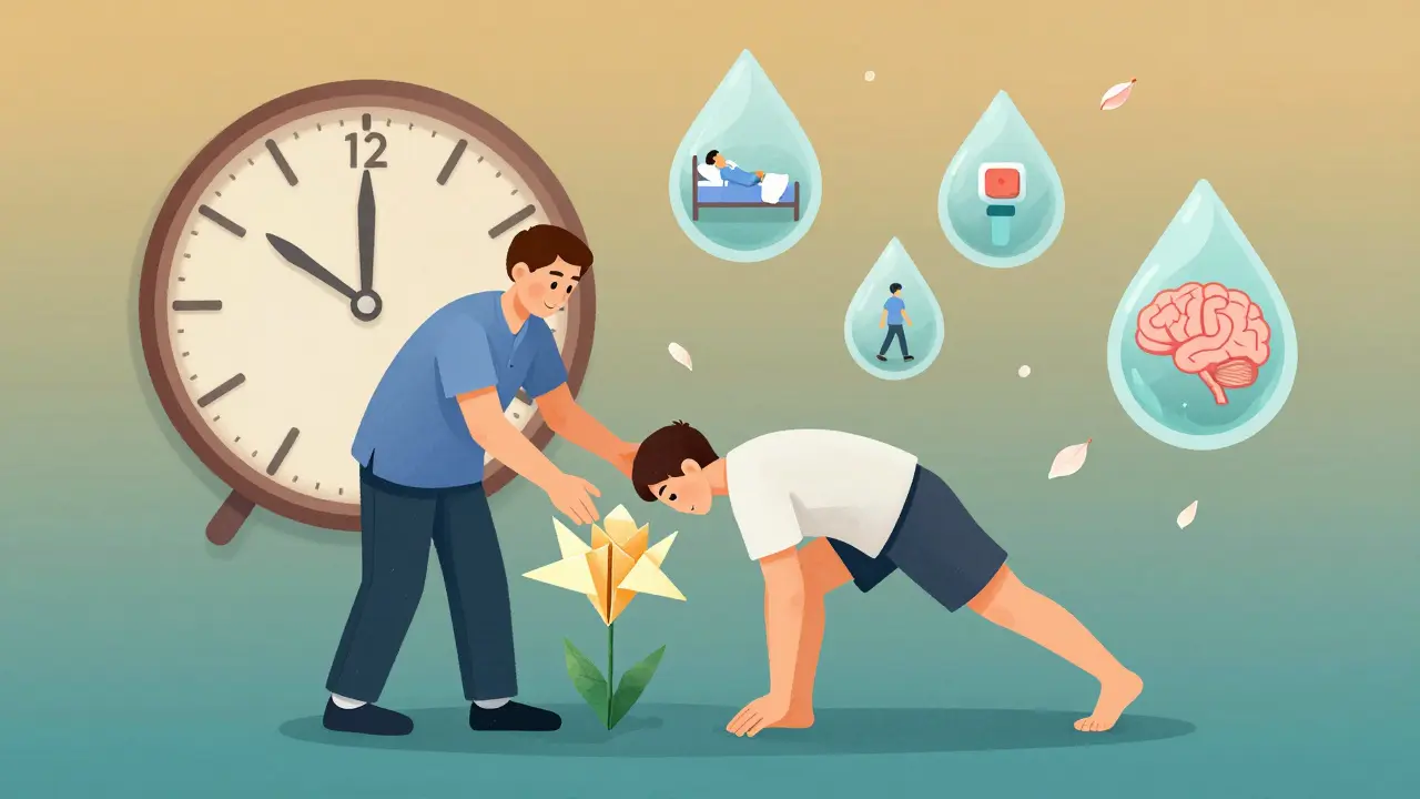 物理療法士が患者を優しく導き、体が花に変わる様子を描いた超現実的イラスト。