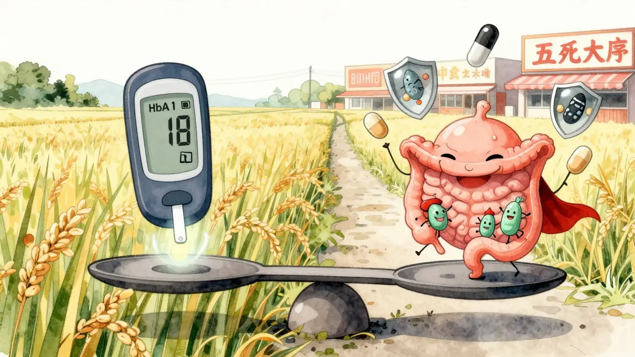 血糖値とプロバイオティクスが秤の両側にバランスよく描かれ、薬と食事の調和を表現した surreal イラスト。