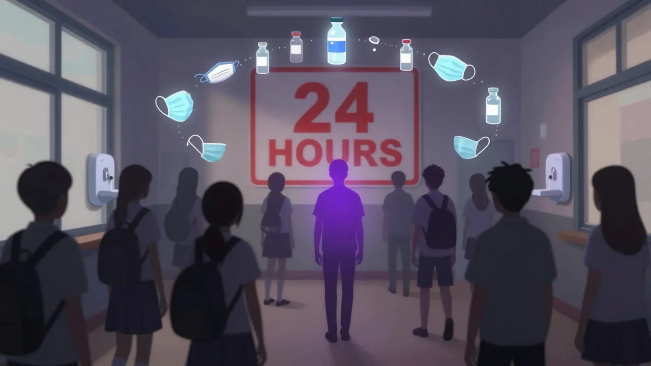 学校の廊下で無症状の感染者を囲む手洗いやワクチンの防護輪が浮かぶ抽象的シーン。