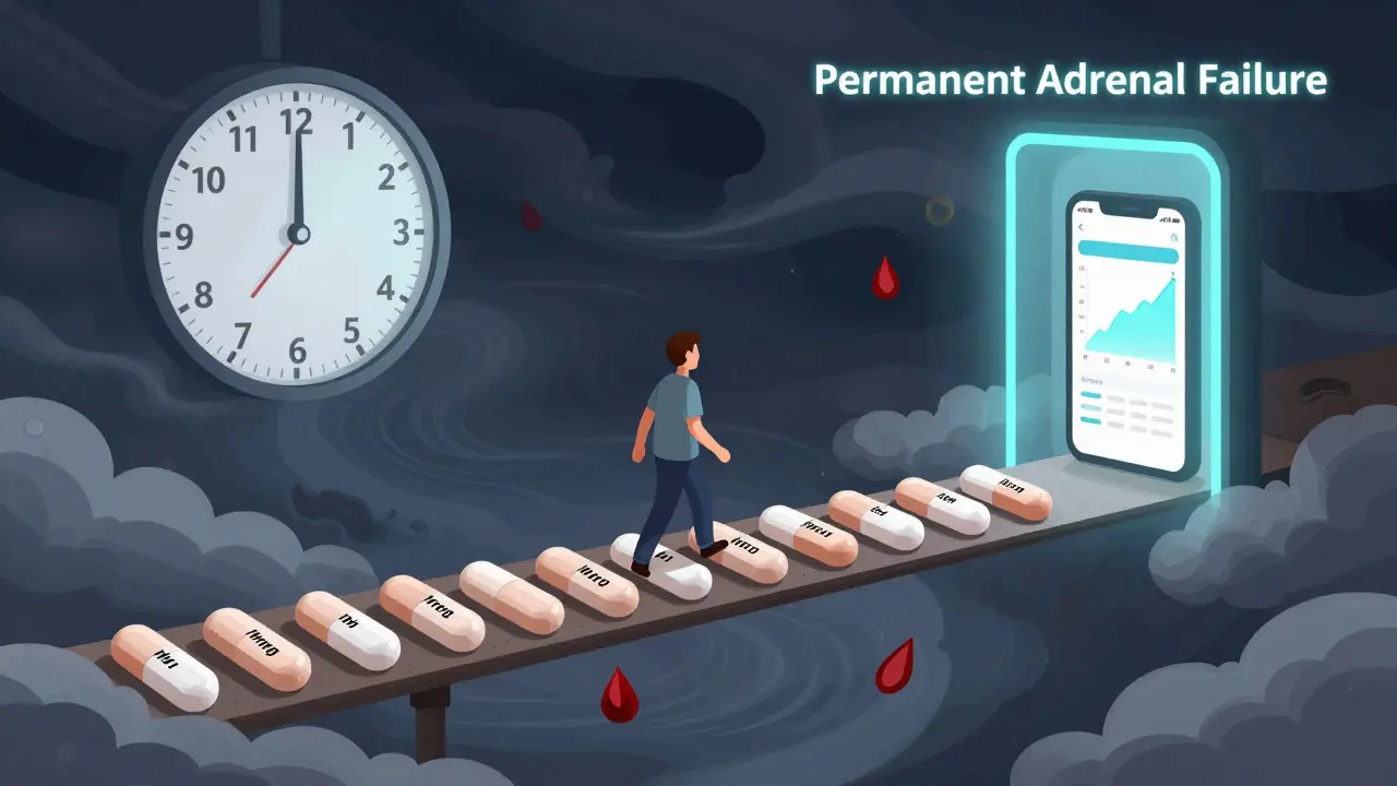 薬の錠剤でできた橋を歩く患者と、疲労と低血圧の雲が渦巻く夢幻的な風景。