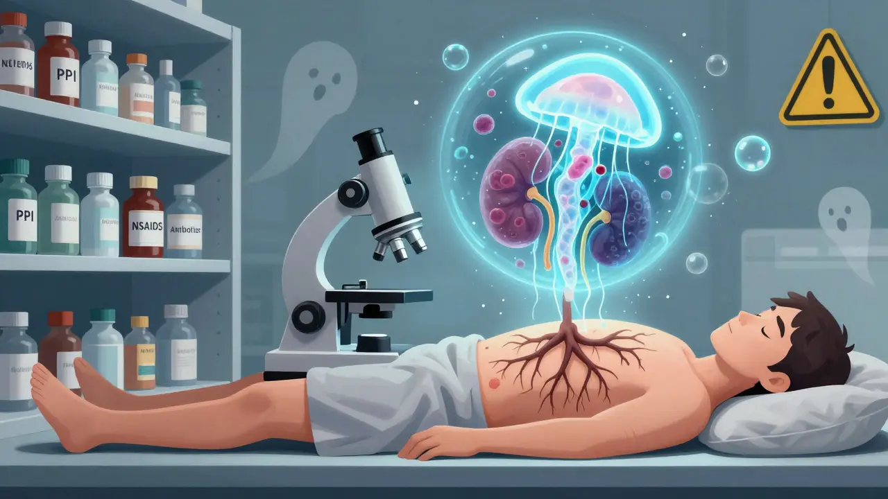 薬の瓶が体に根を張り、白血球が水母のように腎臓から湧き出る幻想的シーン。