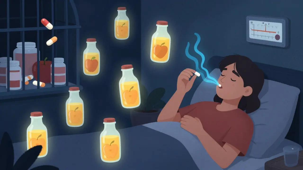 夜に薬を飲む様子と、リンゴジュースが光る中で隔離された鉄分サプリメント。