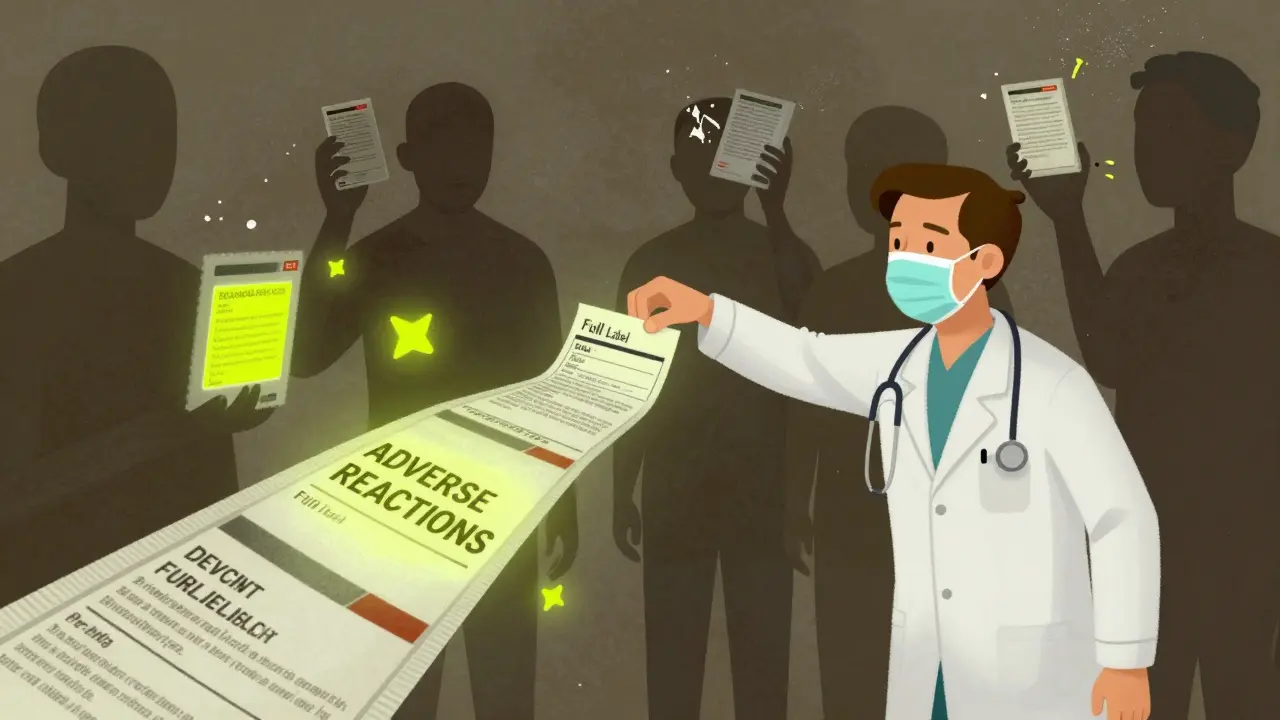 医療従事者が「副作用」セクションへ向かうテキストの橋を渡り、古い情報が崩れる様子。