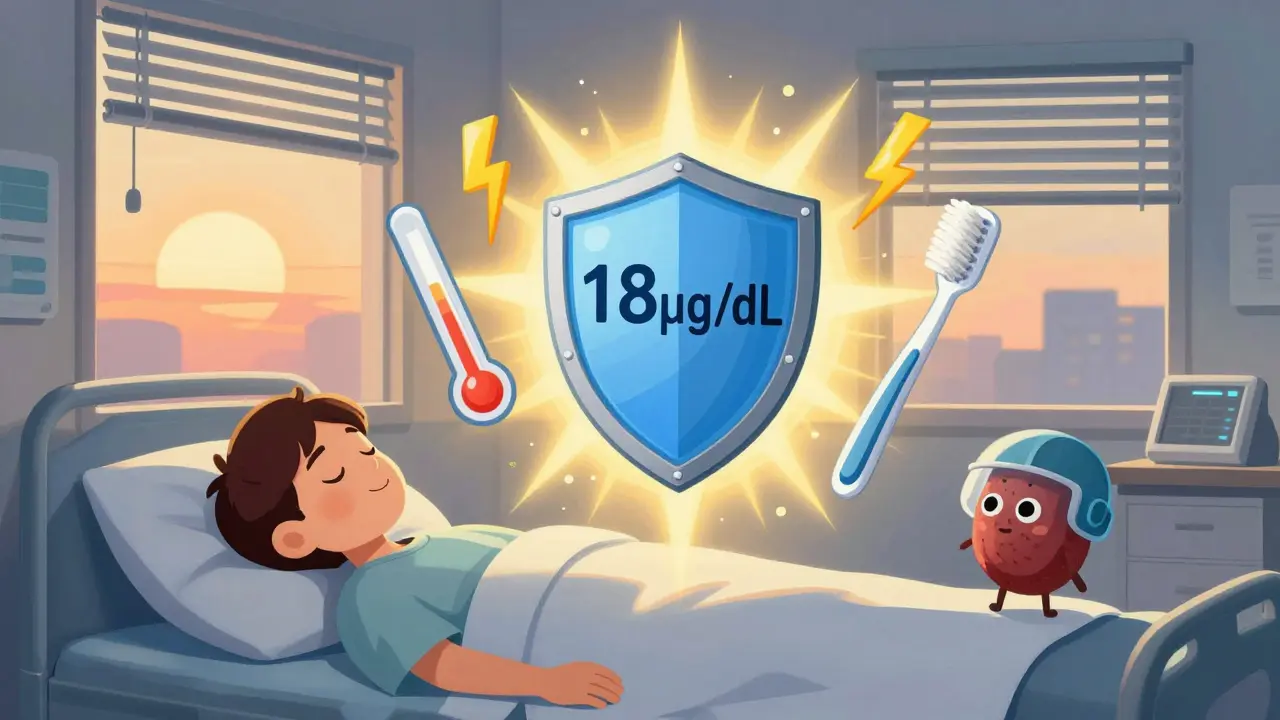 医療アラートカードが光の盾となり、ストレスの象徴が浮かぶ患者の寝姿。