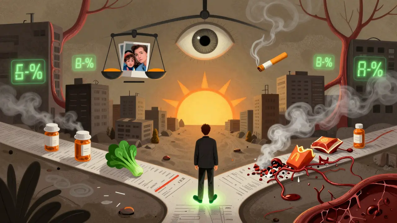 医療データの都市で、健康な道と危険な道に分かれる人物。AIの目が見守り、血圧と喫煙の象徴が対比される。