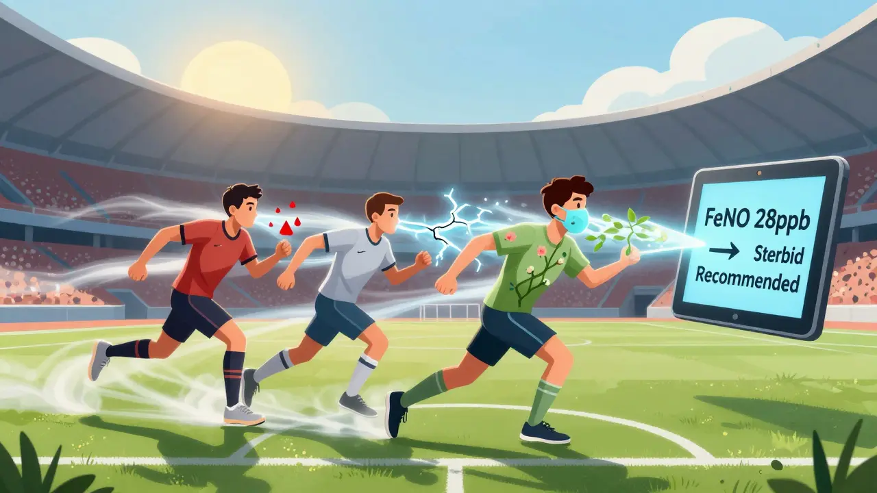 運動中のアスリートの気道が花のように開くか、凍ったままかを色で示した幻想的なスポーツシーン。