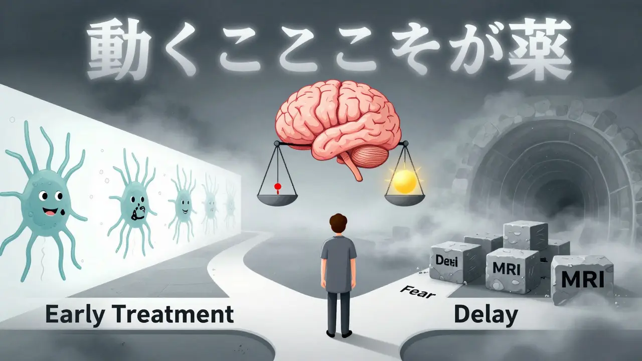 早期治療と遅延治療の二つの道を象徴する超現実的風景、脳が重さを量る場面。