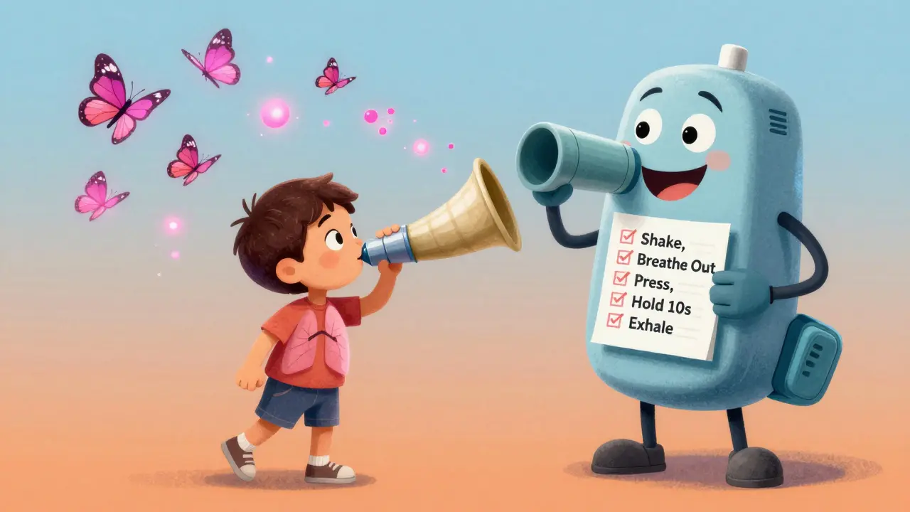 子供がスパーサーで蝶になる薬を吸い込む様子を描いた、医療と魔法が融合した超現実的なイラスト。