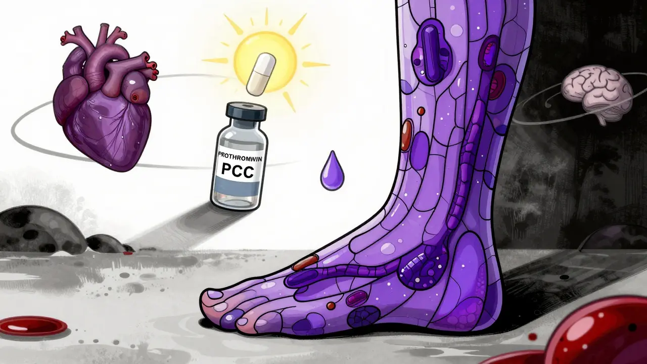 紫色の斑点が広がる足にコレステロールの結晶が詰まり、ビタミンKが光る幻想的な描写。