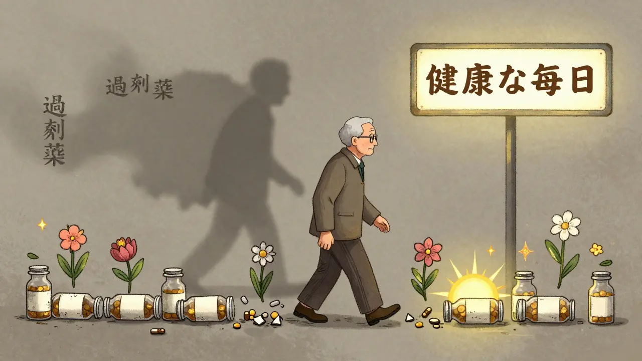 不要な薬の瓶を越えて花が咲く道を歩く高齢男性。