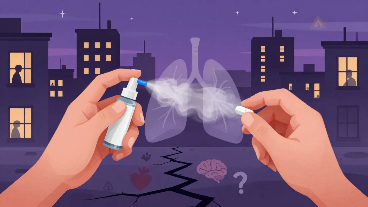 抽象的超現実的なイラスト：ナロキソン噴霧と偽薬の手、呼吸する肺の形の煙、暗い都市の背景