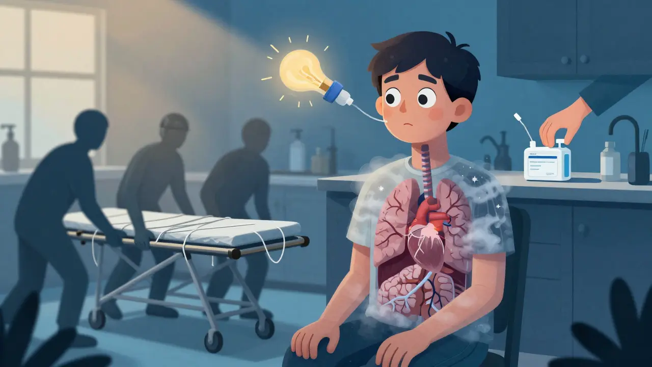 抽象的超現実的なイラスト：ナロキソンで蘇った人物の透ける体、内臓が可視化され、救急隊員が糸でできた担架を運ぶ